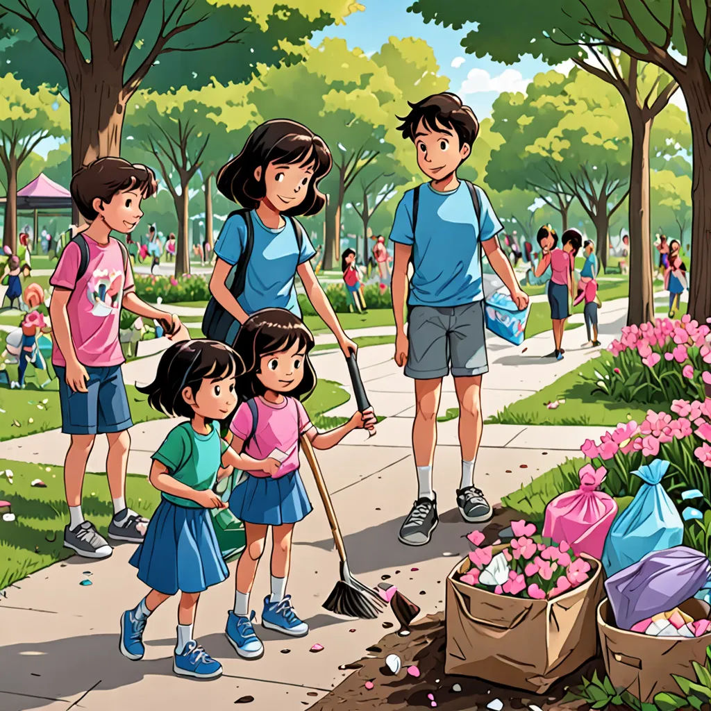 a group of children are cleaning the sidewalk in a park with a woman and two children standing nearby and a man standing behind, lyco art, a storybook illustration, Choi Buk, official art