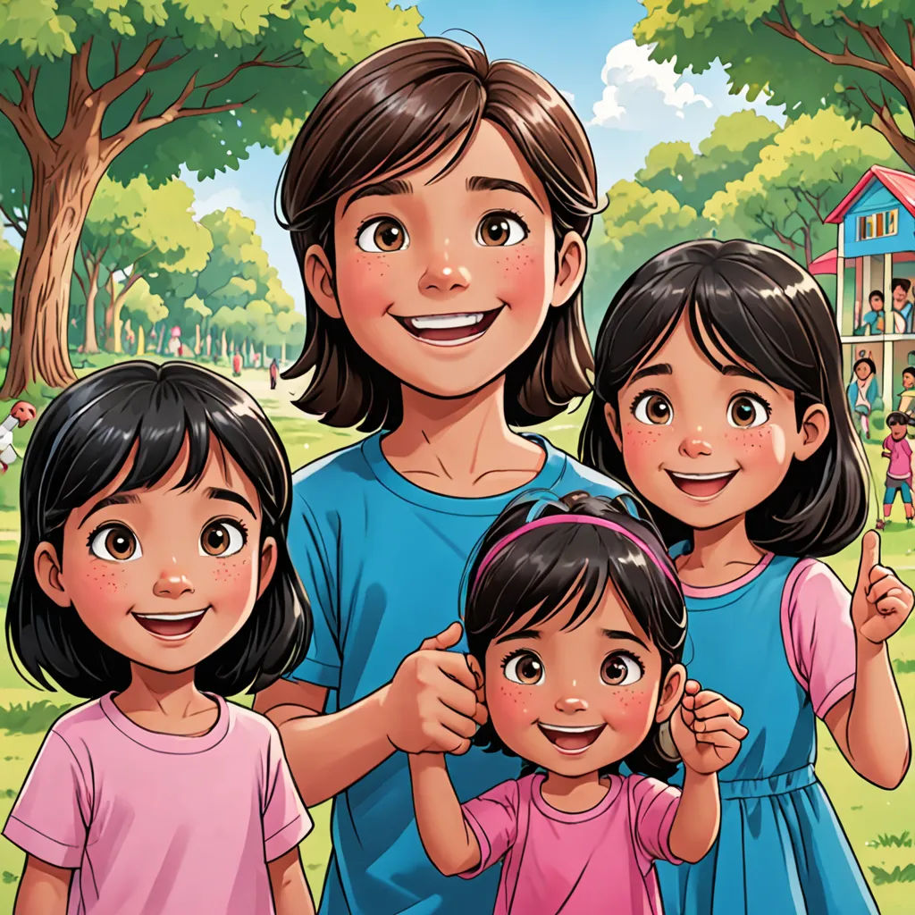 a family of three standing in a park together, with a playground in the background and trees in the foreground, lyco art, a storybook illustration, Diego Gisbert Llorens, comic cover art