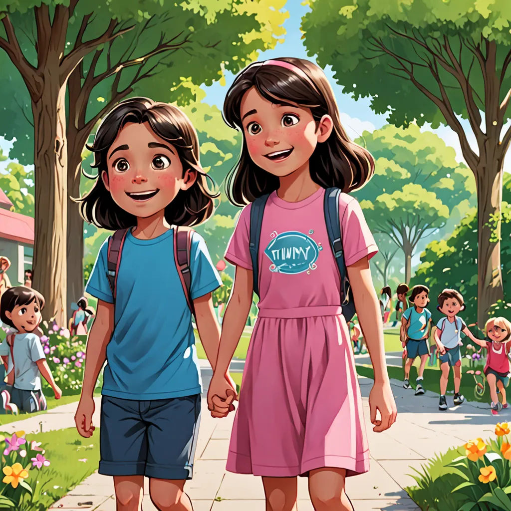 a couple of kids walking down a sidewalk holding hands and smiling at the camera while holding hands with each other, vancouver school, a storybook illustration, Diego Gisbert Llorens, official art