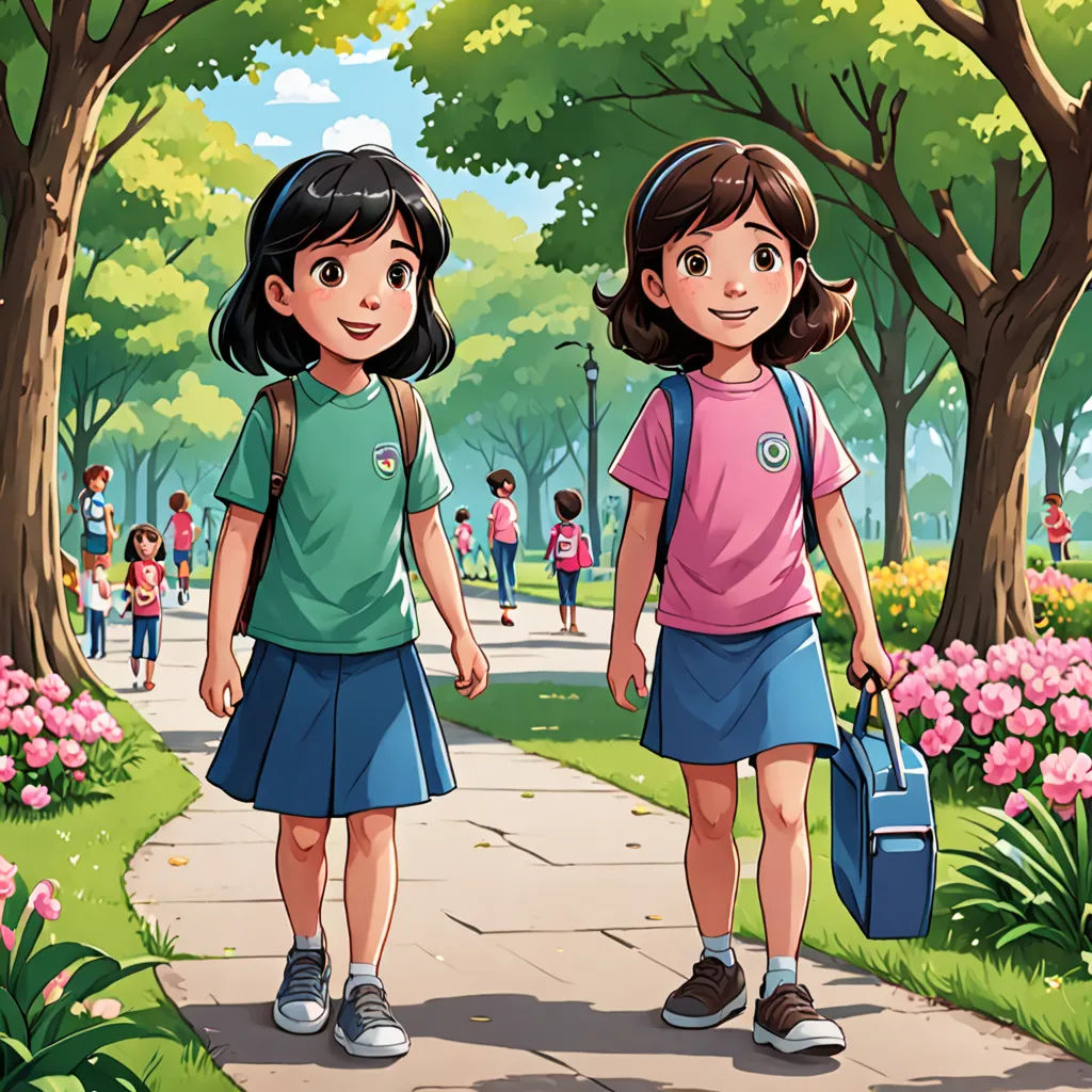 two girls walking down a path in a park with flowers and trees behind them, with a backpack on, danube school, a storybook illustration, Choi Buk, official art