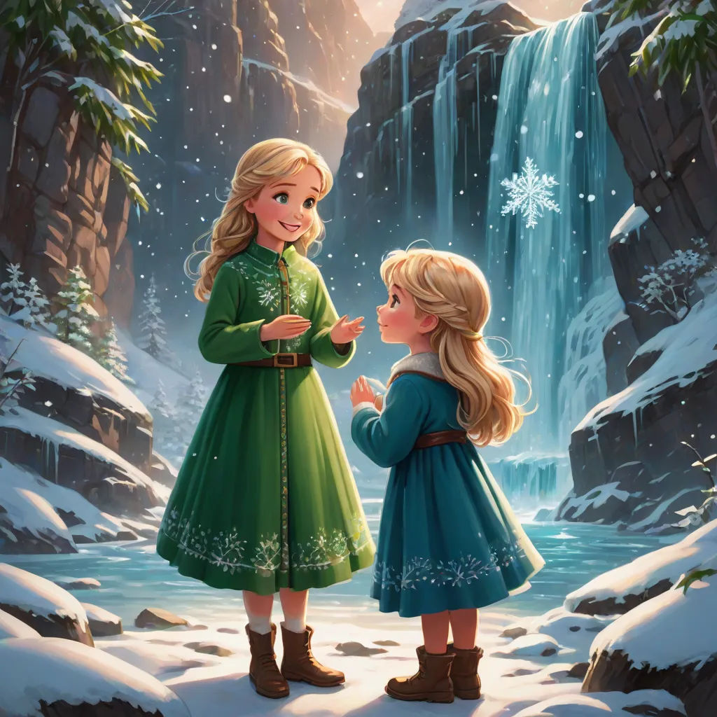two girls standing in front of a waterfall in the snow, one of them is touching her hand and the other is looking at the waterfall, sots art, a storybook illustration, Brothers Hildebrandt, official art