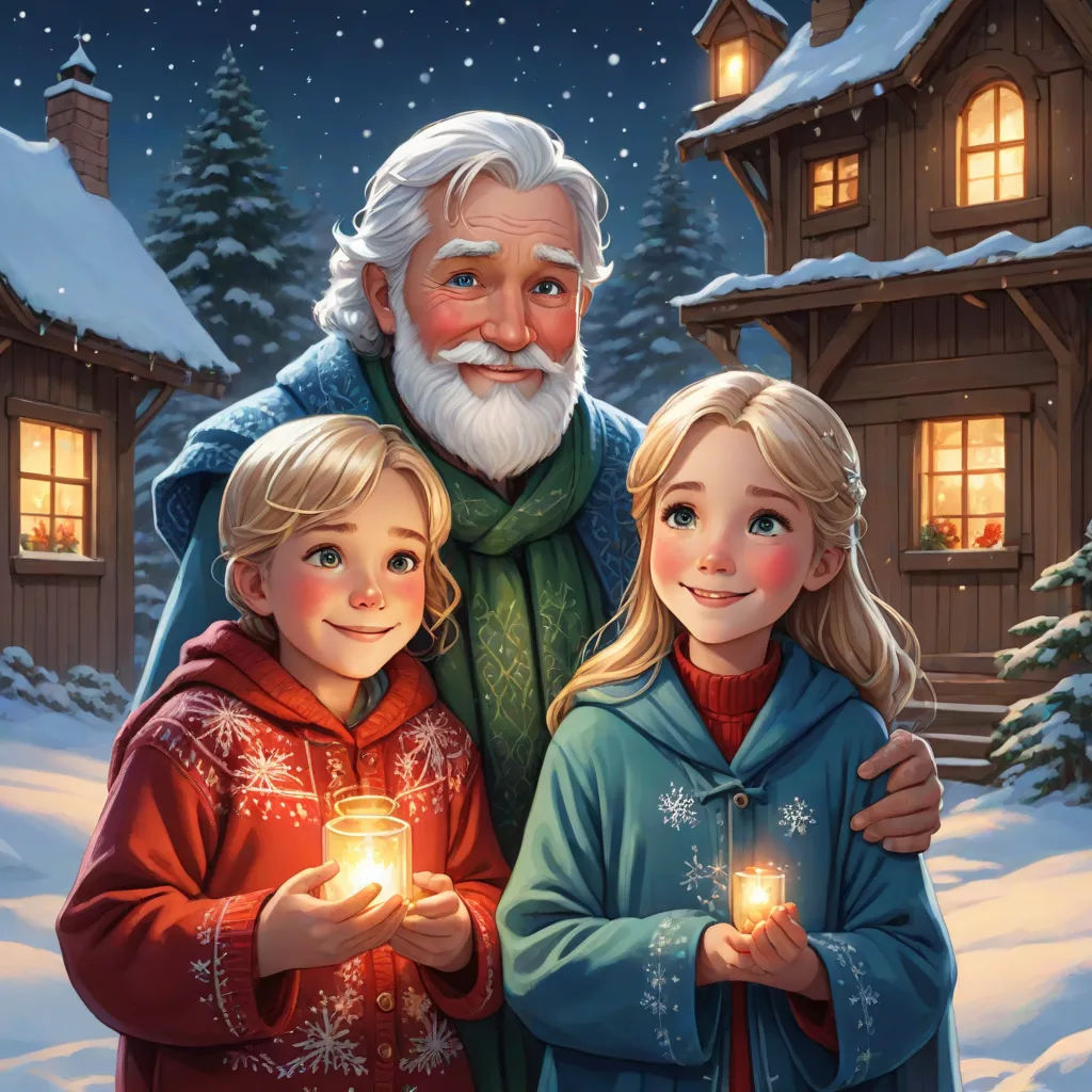 a painting of a man and two children holding a lit candle in front of a snowy cabin with a christmas tree, naive art, a storybook illustration, Drew Struzan, kinkade