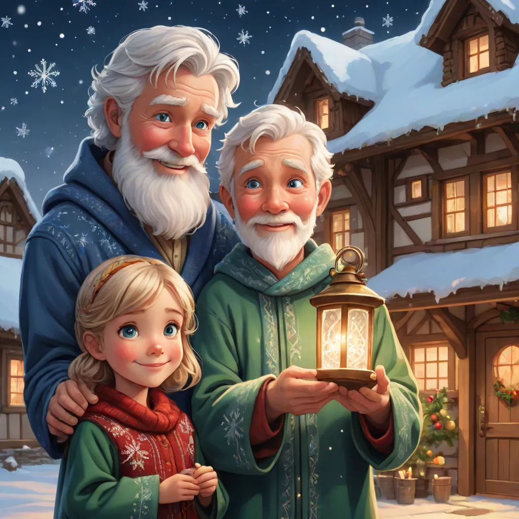 a painting of a man and a woman holding a lantern in front of a house with snow on the ground, sots art, a storybook illustration, Brothers Hildebrandt, kinkade