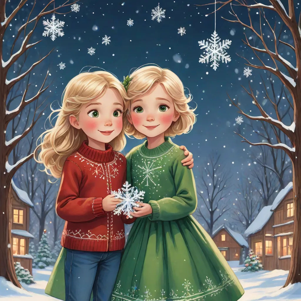a couple of kids standing next to each other in the snow with snowflakes on them and a house in the background, naive art, a storybook illustration, Carol Sutton, storybook illustration