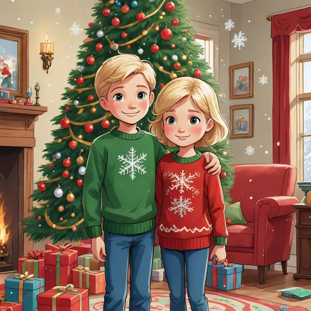 a boy and a girl standing in front of a christmas tree with presents under it and a fireplace in the background, sots art, a storybook illustration, Cliff Childs, official art
