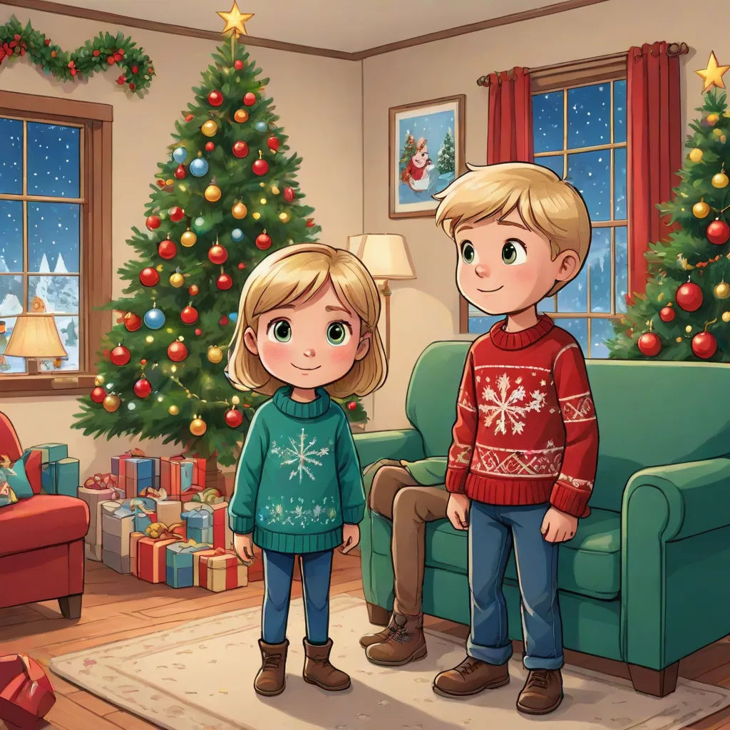 a boy and a girl standing in front of a christmas tree in a living room with presents on the floor, sots art, a storybook illustration, Ernest William Christmas, official art