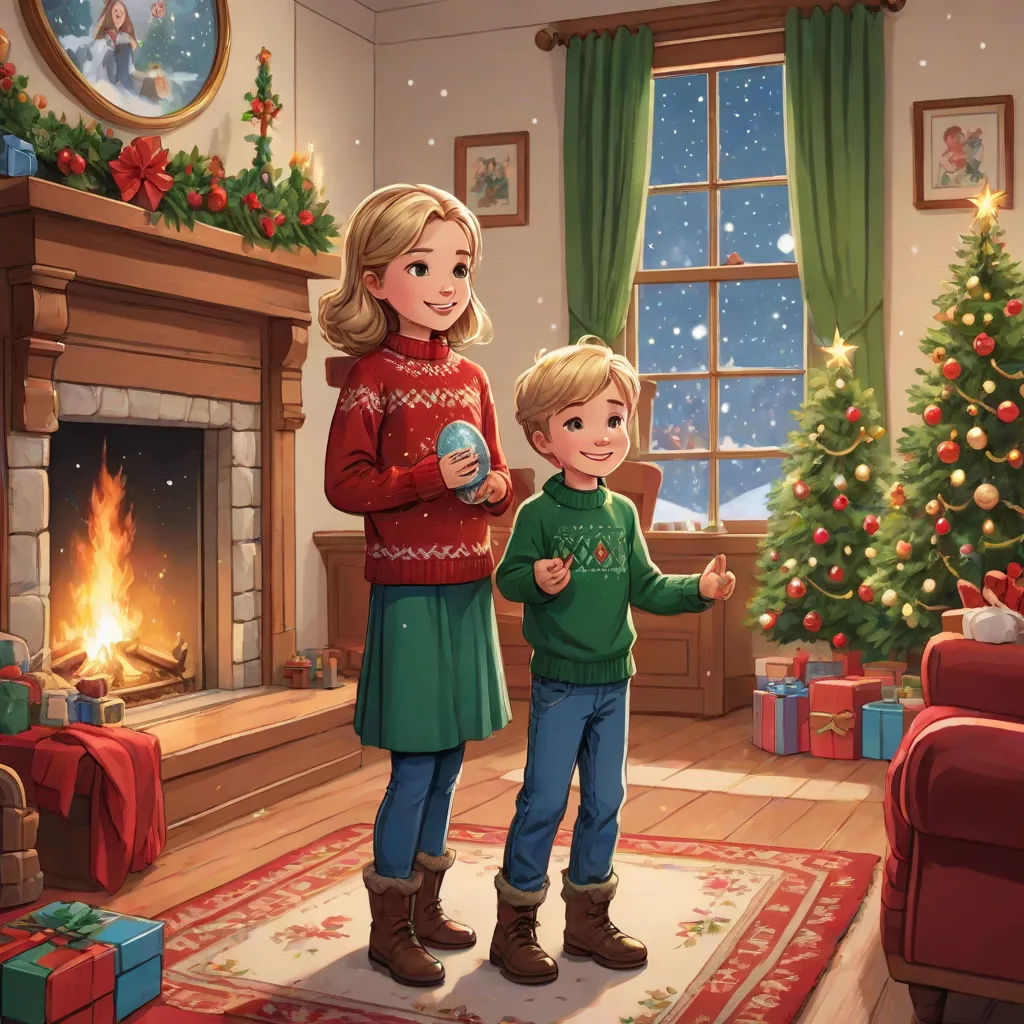 a boy and a girl standing in front of a christmas tree with presents in front of a fireplace with a christmas tree, american scene painting, a storybook illustration, Evgeny Lushpin, official art
