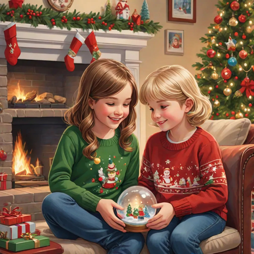 two girls sitting on a couch with a snow globe in front of a christmas tree and a fireplace with presents, naive art, a storybook illustration, Bob Byerley, official art