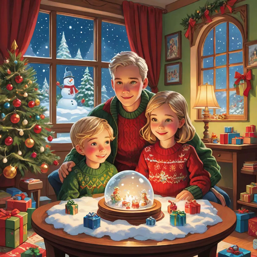 a painting of a family around a christmas tree with a snow globe on the table in front of them, naive art, a storybook illustration, Bob Byerley, official art