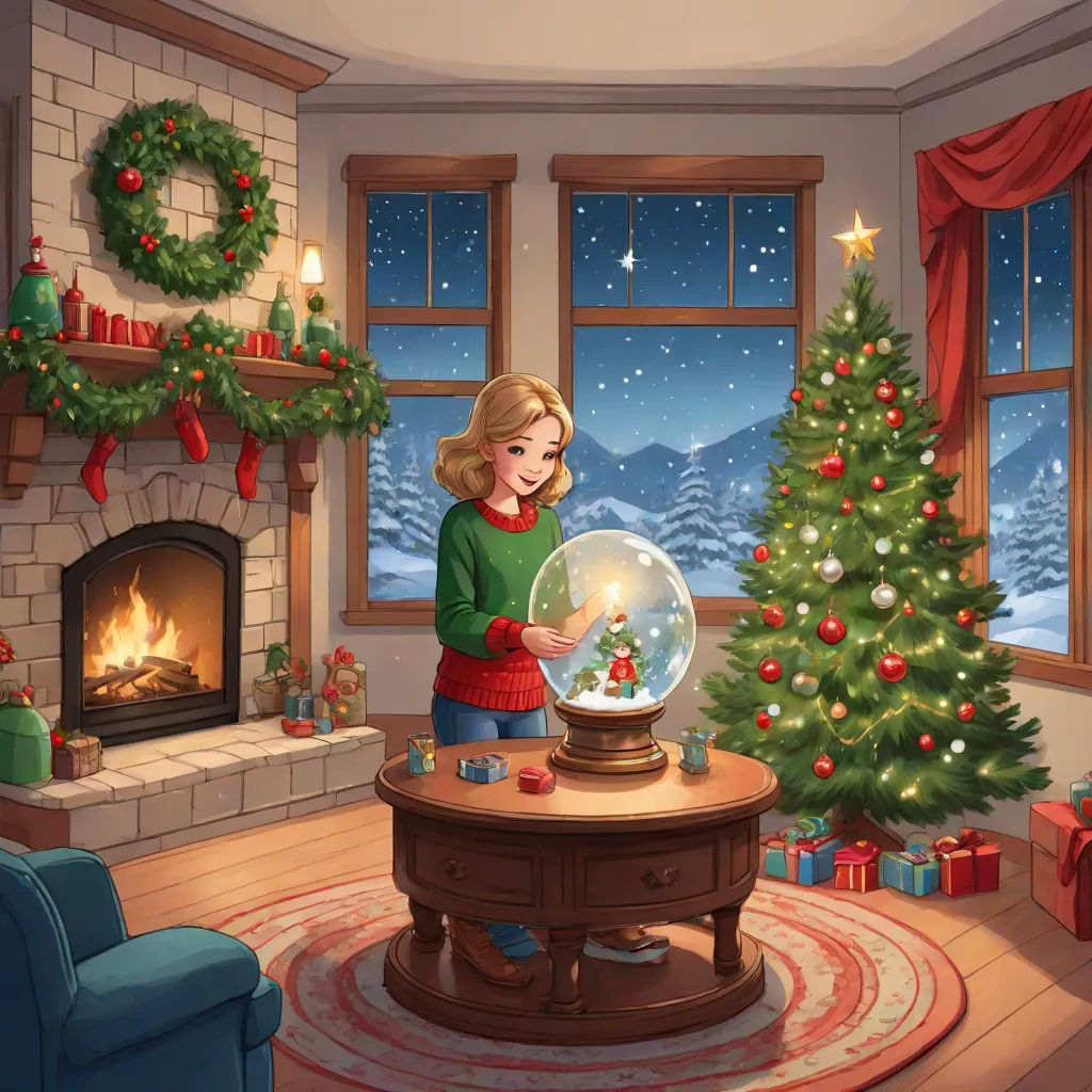 a girl is holding a snow globe in a living room with a christmas tree and a fireplace in the background, sots art, a storybook illustration, Evgeny Lushpin, kinkade