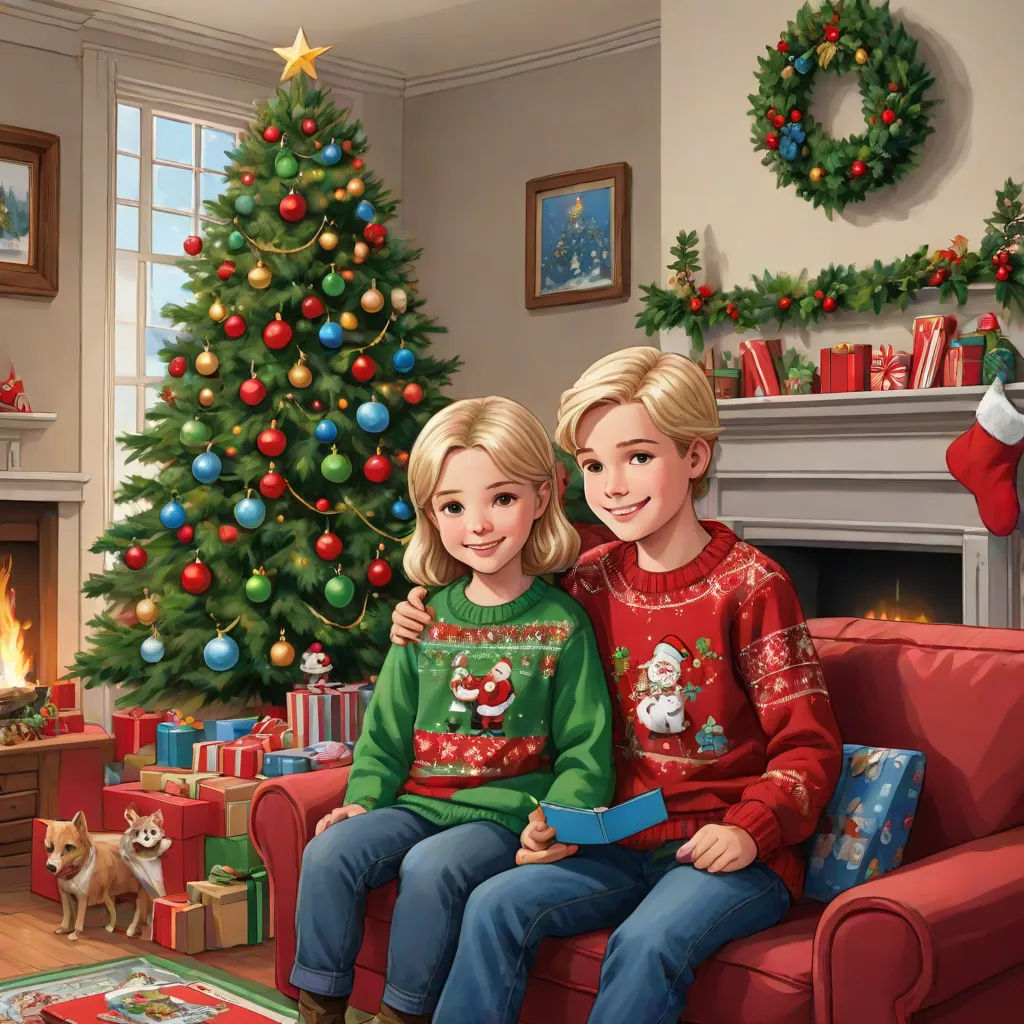 a painting of two children sitting on a couch in front of a christmas tree with presents on it and a dog, sots art, a storybook illustration, Ernest William Christmas, official art