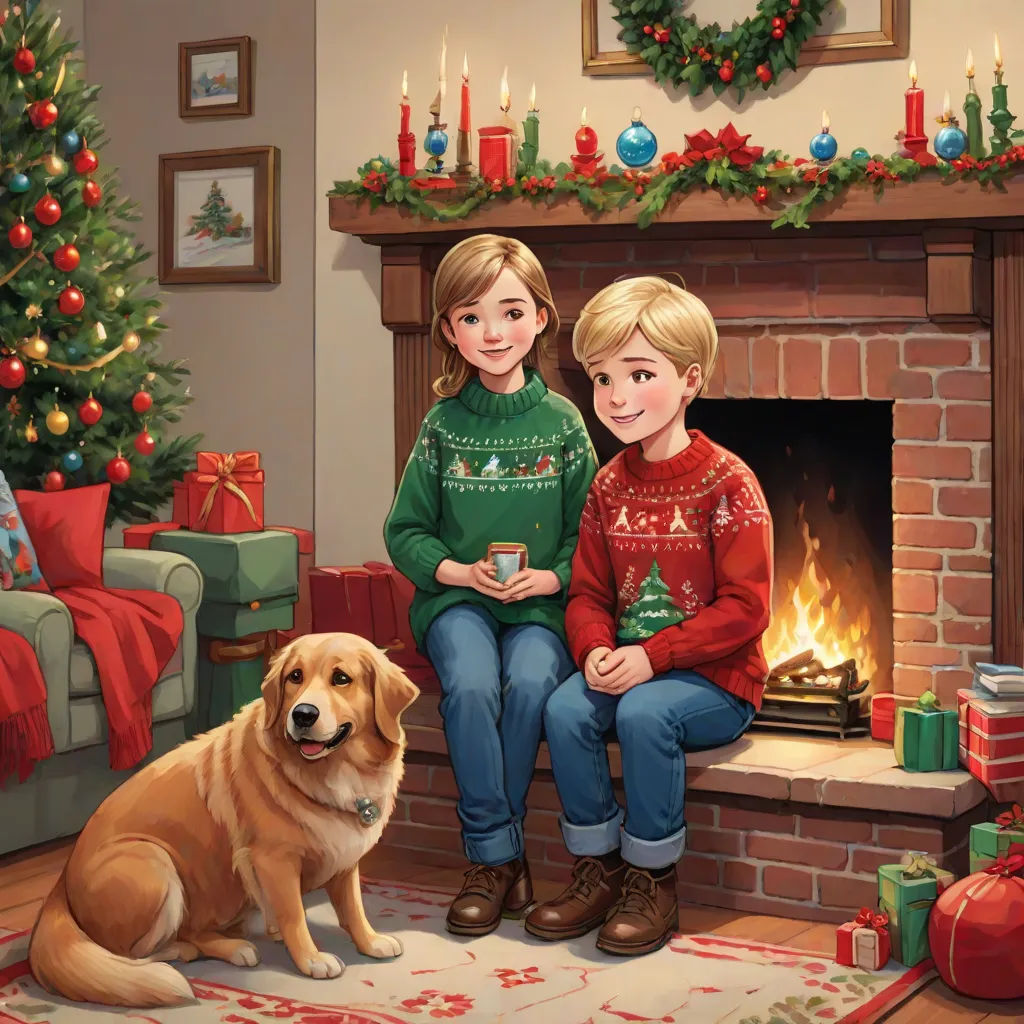 a painting of two children sitting next to a dog in front of a fireplace with a christmas tree and presents, sots art, a storybook illustration, Ernest William Christmas, official art