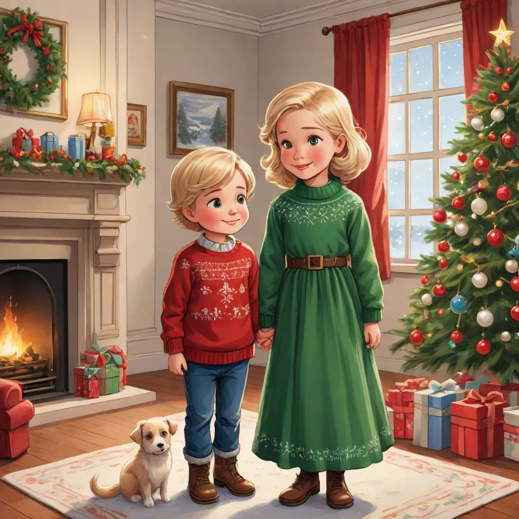a painting of two children standing in front of a christmas tree with a dog in front of them and a fireplace, sots art, a storybook illustration, Ernest William Christmas, official art