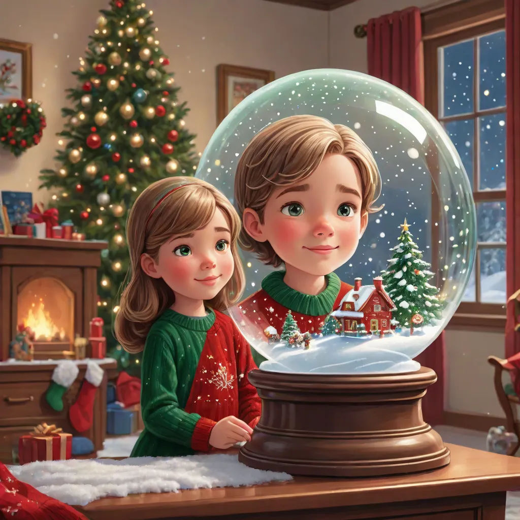 a couple of kids standing in front of a snow globe in a living room with a christmas tree and a fire place, naive art, a storybook illustration, Bob Byerley, official art