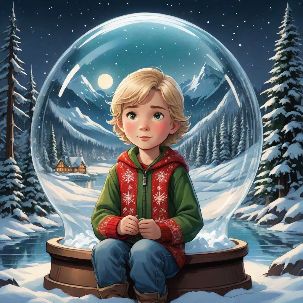 a boy sitting in front of a snow globe with a snowman inside of it and a cabin in the background, magical realism, a storybook illustration, Cliff Childs, promotional image