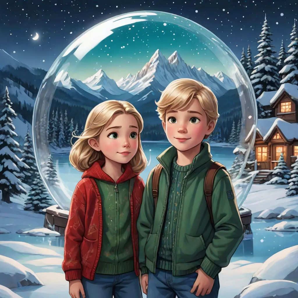 a couple of people standing in front of a snow globe with a mountain and snow covered forest in the background, sots art, a storybook illustration, David Brewster, promotional image