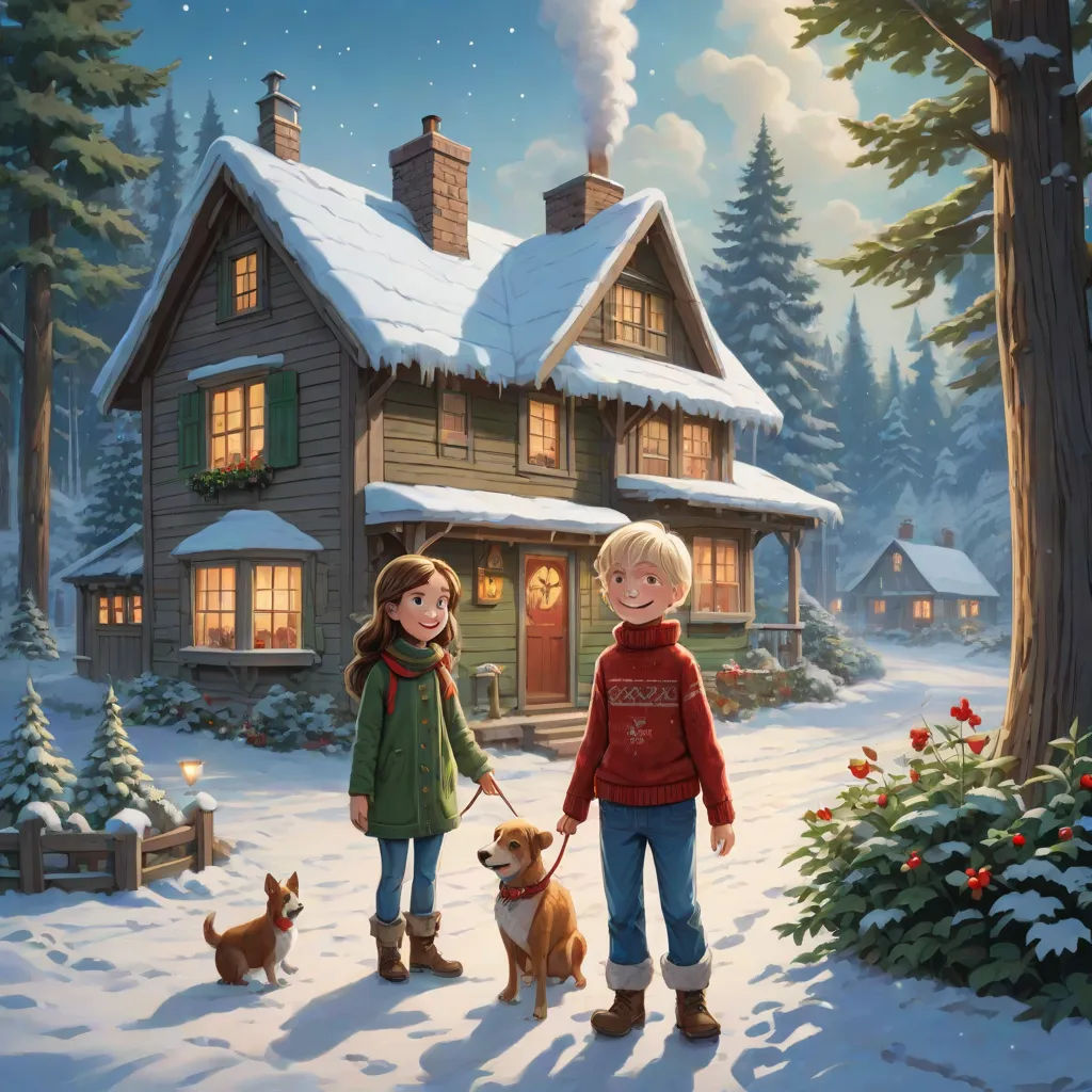 a painting of two children and a dog in front of a house with a christmas tree and snow covered yard, american scene painting, a storybook illustration, Evgeny Lushpin, kinkade