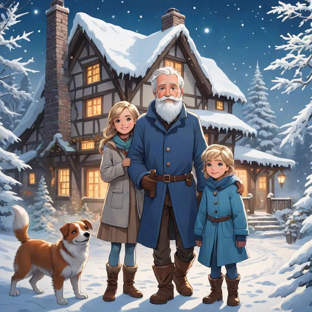 a painting of a man and two children standing in front of a house with a dog and a dog, sots art, a storybook illustration, Cliff Childs, official art