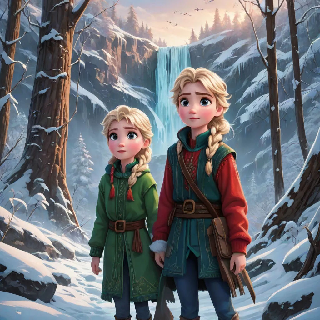 a couple of people standing in front of a waterfall in the snow with trees and birds flying around them, sots art, poster art, Drew Struzan, official art