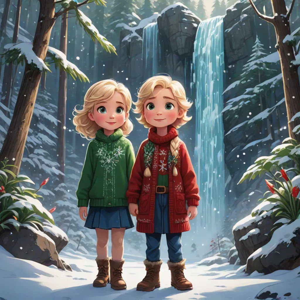 two children standing in front of a waterfall in the snow with a scarf on their shoulders and a scarf on their head, lyco art, a storybook illustration, Cliff Childs, official art