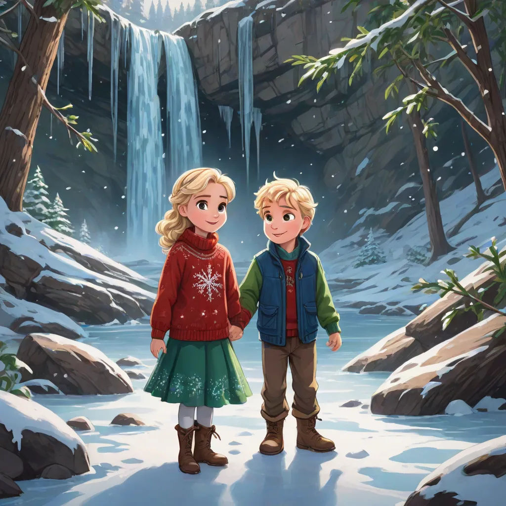 a boy and a girl standing in front of a waterfall in winter time with snow on the ground and trees, sots art, a storybook illustration, Cliff Childs, official art