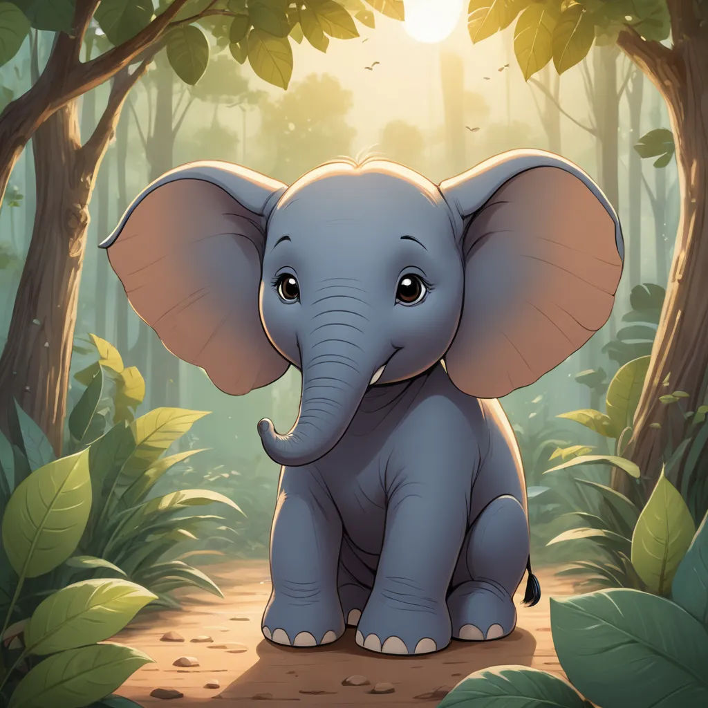a small elephant sitting in the middle of a forest with trees and leaves around it, with the sun shining through the trees, sumatraism, a storybook illustration, Chris LaBrooy, official art