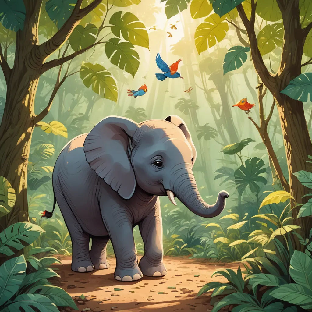 an elephant is walking through a jungle with butterflies flying overhead and a bird flying above it, with a path leading to the elephant, sumatraism, a storybook illustration, Chris LaBrooy, storybook illustration