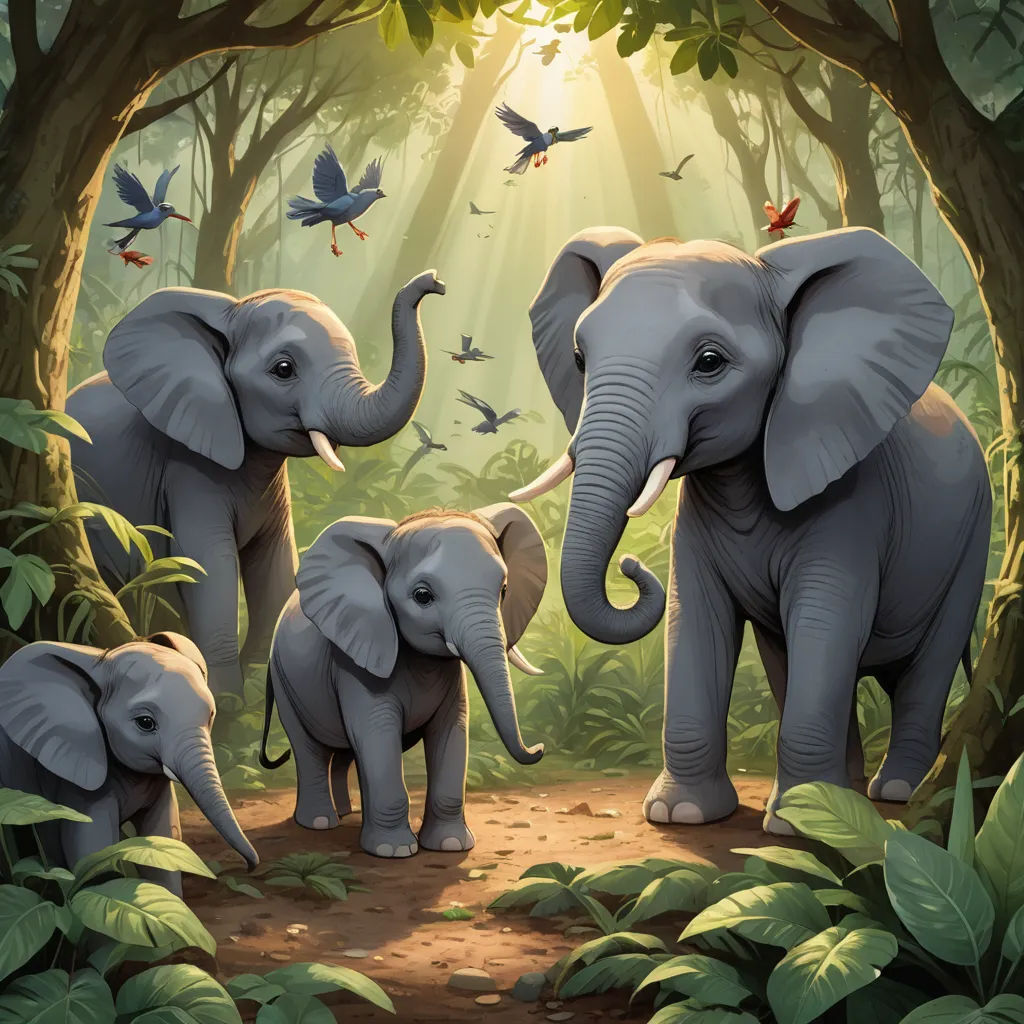 a group of elephants walking through a forest filled with trees and birds, with a bird flying above them, sumatraism, a storybook illustration, Chris LaBrooy, highly detailed digital painting