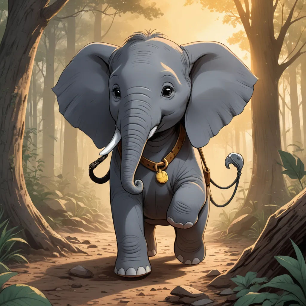 a cartoon elephant with a gold ring on its neck walking through a forest with trees and rocks on the ground, sots art, a storybook illustration, Chris LaBrooy, magic the gathering artwork