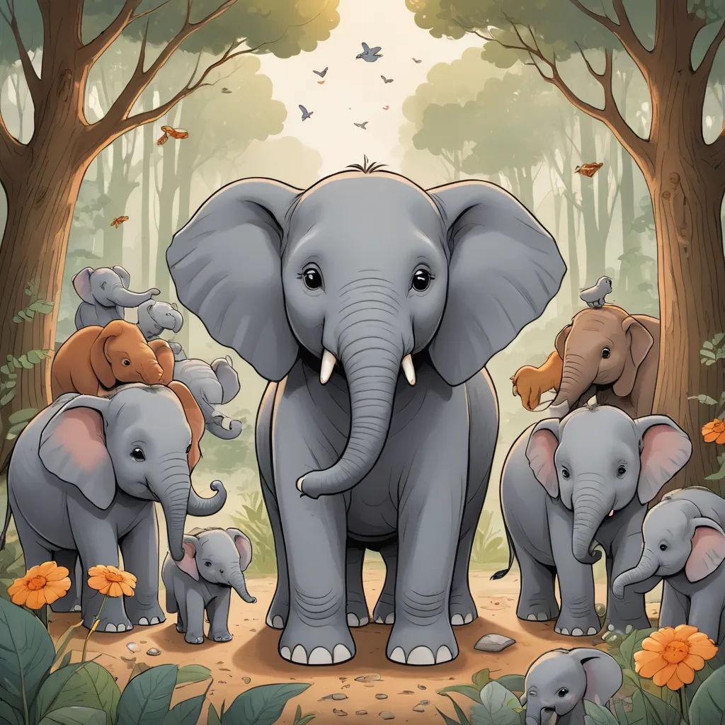 a group of elephants standing in a forest with trees and flowers around them, with a baby elephant standing between them, sumatraism, a storybook illustration, Chris LaBrooy, storybook illustration