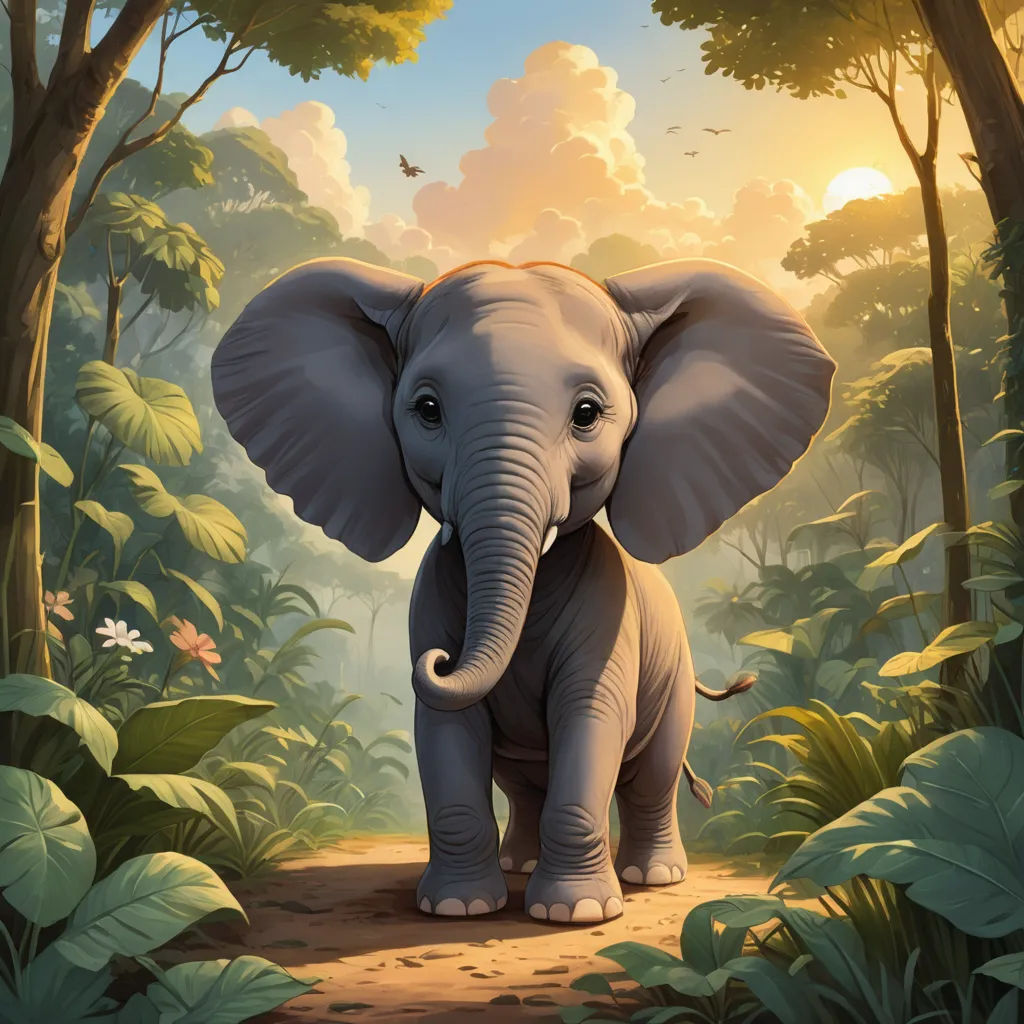 a painting of an elephant in a jungle setting with a bird flying above it and a bird in the background, sumatraism, a digital painting, Chris LaBrooy, highly detailed digital painting