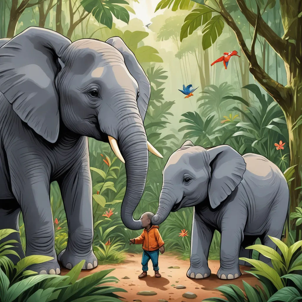 a man standing next to two elephants in a forest with birds flying above them and a bird flying above them, magical realism, a storybook illustration, Chris LaBrooy, storybook illustration