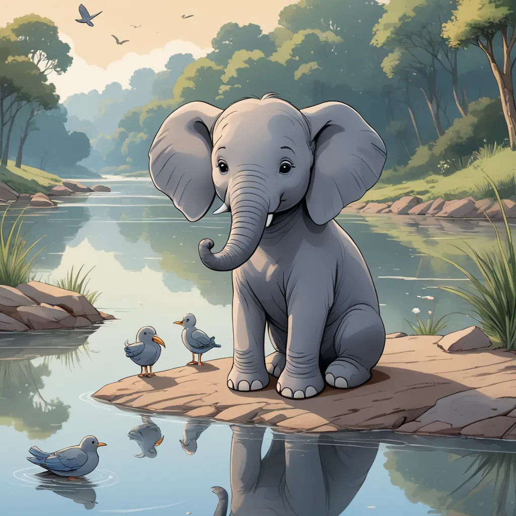 a baby elephant sitting on a rock near a pond with ducks and ducks nearby in a cartoon style illustration, magic realism, a storybook illustration, Chris LaBrooy, storybook illustration
