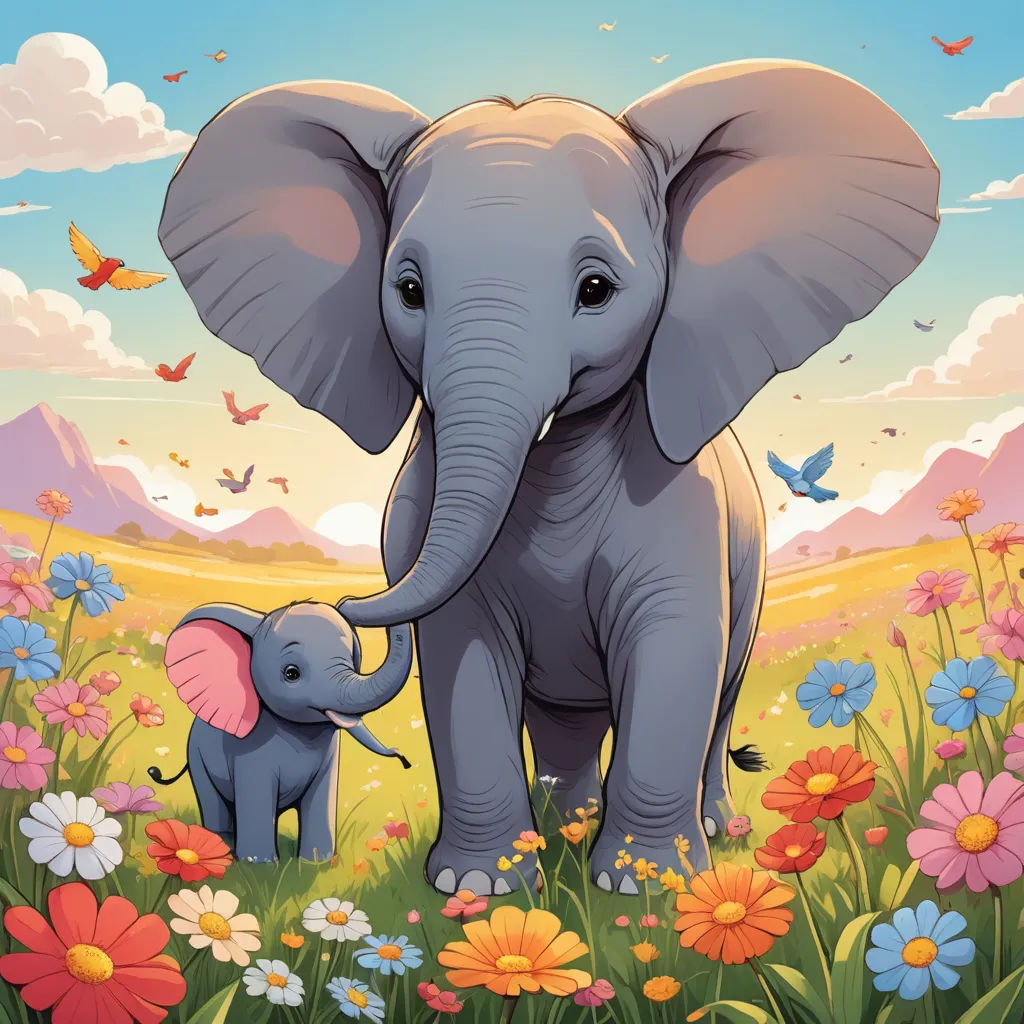 a baby elephant standing next to an adult elephant in a field of flowers and butterflies with a sky background, rayonism, a storybook illustration, Chris LaBrooy, official art