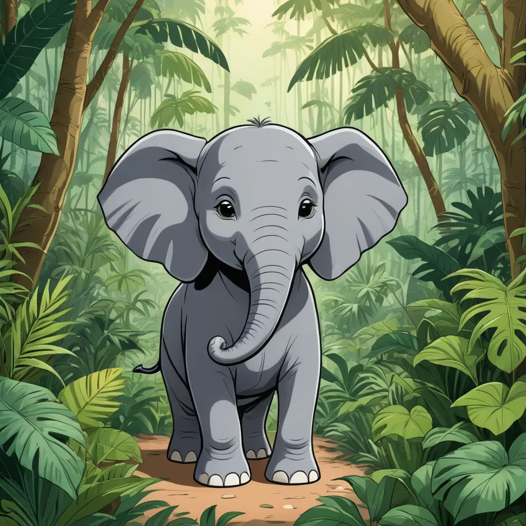 a small elephant standing in a jungle with trees and plants around it, with a light shining on the elephant, sumatraism, a storybook illustration, Amédée Ozenfant, jungle