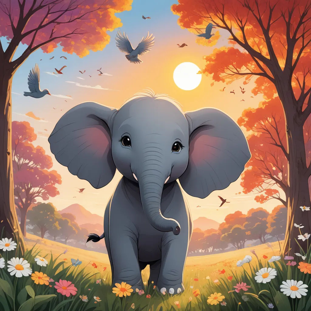 a baby elephant standing in a field with trees and flowers in the background and a bird flying over it, rayonism, a storybook illustration, Chris LaBrooy, official art
