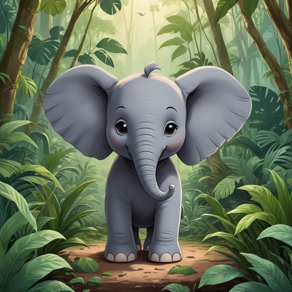 a baby elephant standing in the middle of a jungle with trees and plants around it, with a bright light coming from behind it, sumatraism, a digital painting, Amédée Ozenfant, jungle