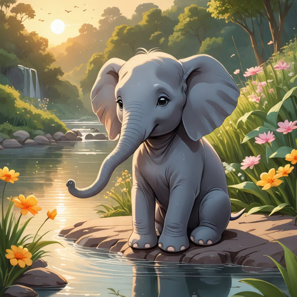 a baby elephant sitting on a rock near a river with flowers and a waterfall in the background with a sun setting, fantasy art, a storybook illustration, Chris LaBrooy, cute and adorable