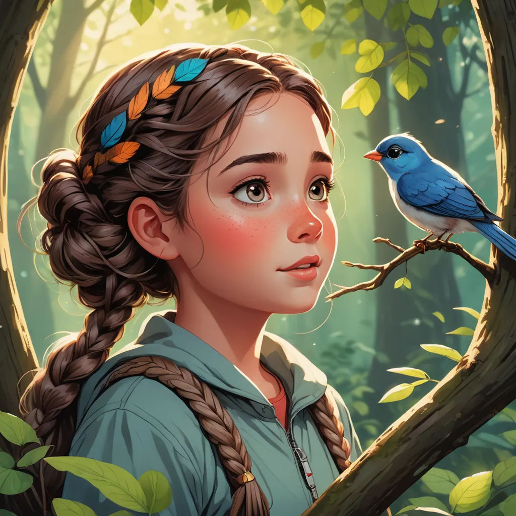 a girl with braids and a bird on her shoulder looking at a tree branch in the woods with leaves, fantasy art, a storybook illustration, Artgerm, trending on art station