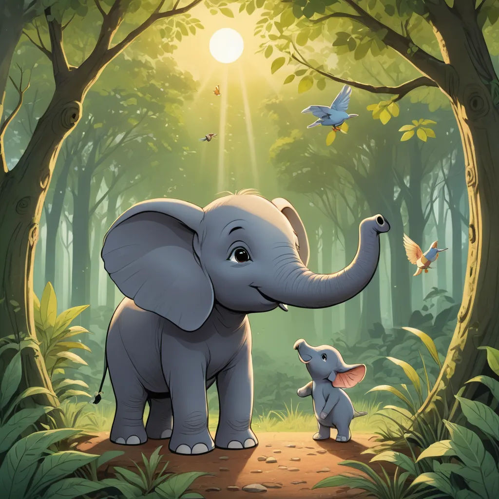 a baby elephant standing next to an adult elephant in a forest with a bird flying above it and a sun shining through the trees, sumatraism, a storybook illustration, Chris LaBrooy, official art