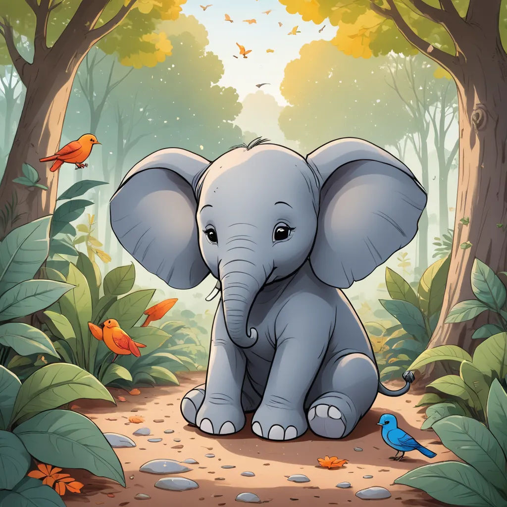 a small elephant sitting in the middle of a forest with birds flying around it and a bird on the ground, pop surrealism, a storybook illustration, Amédée Ozenfant, storybook illustration