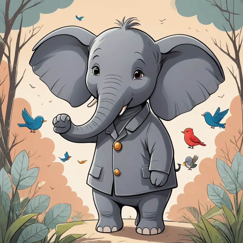 a cartoon elephant with a suit on and birds around it, standing in a forest with trees and birds, pop surrealism, a storybook illustration, Amédée Ozenfant, storybook illustration