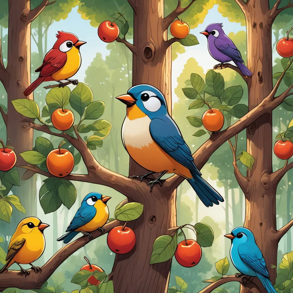 a group of birds sitting on top of a tree filled with apples and berries in a forest filled with trees, fantasy art, a storybook illustration, Chris LaBrooy, birds