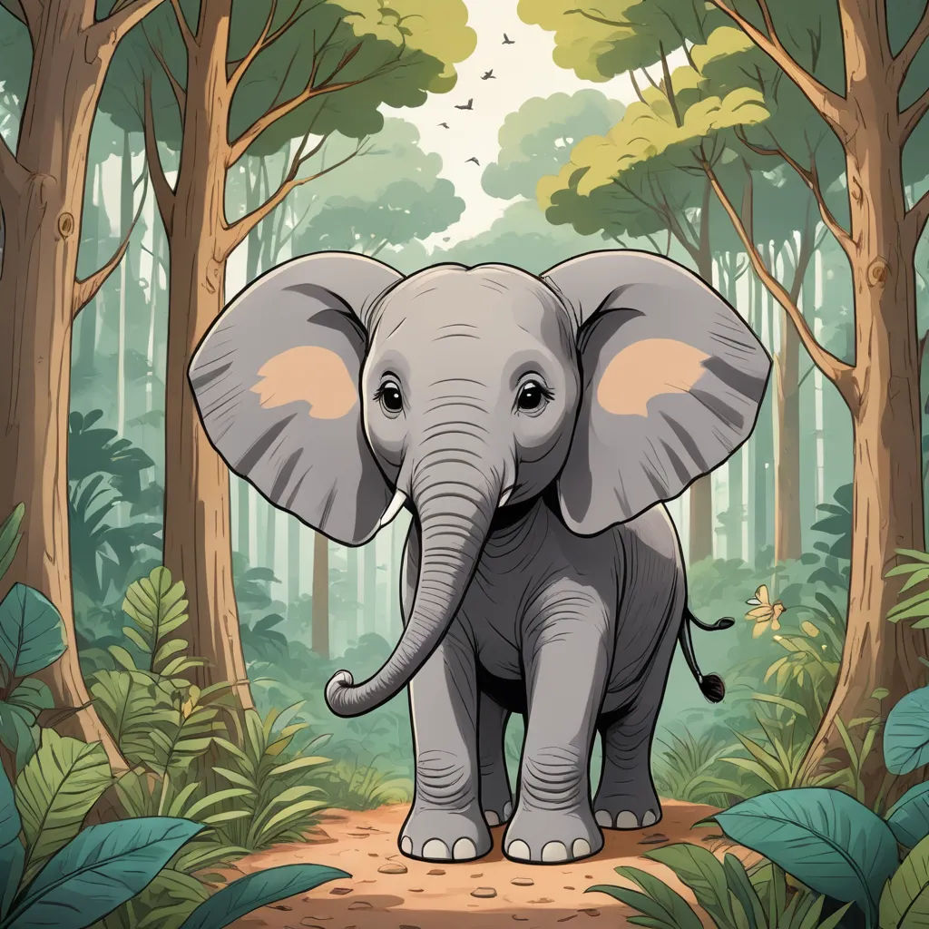 a cartoon elephant is walking through the jungle with trees and plants around it, and a path leading to the elephant, sumatraism, a storybook illustration, Chris LaBrooy, storybook illustration
