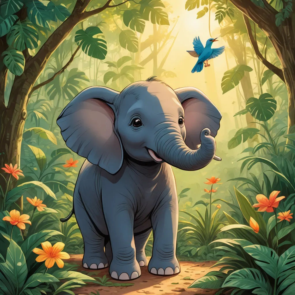 a small elephant standing in a forest with a bird flying above it and a bird flying above it,, sumatraism, a storybook illustration, Chris LaBrooy, official art