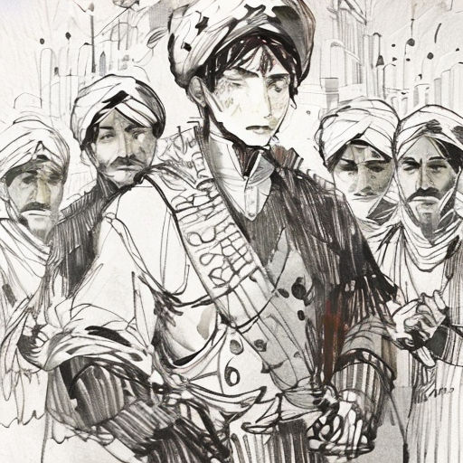 a drawing of a man with a guitar in front of a group of people in turbans and turbans