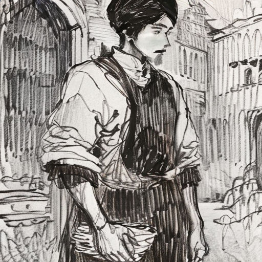 a drawing of a man standing in front of a building with a bag on his shoulder and a hat on his head