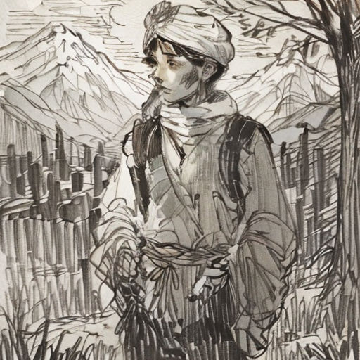 a drawing of a woman standing in front of a mountain range with a scarf on her head and a scarf around her neck