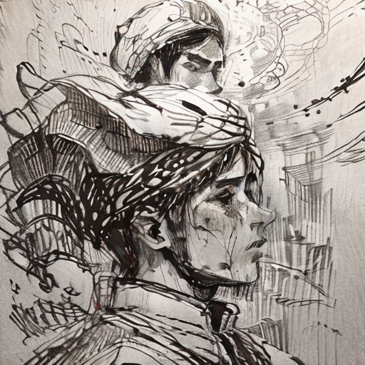 a drawing of two people with a lot of lines on their face and hair, one of them is wearing a hat