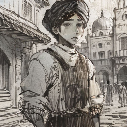 a drawing of a woman standing in front of a building with a scarf on her head and a scarf on her head